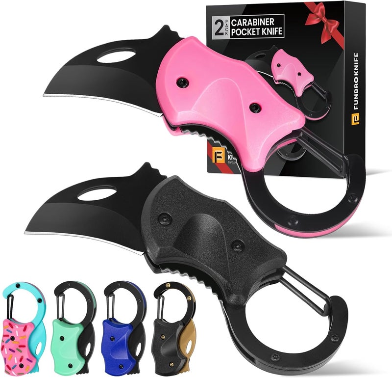 FUNBRO 2 Pack Small Pocket Knife Gifts for Men & Women, Folding Box Cutter, Birthday & Christmas Stocking Stuffers Gifts Idea for Wife Husband Dad Mom (Black & Pink) - Image 1